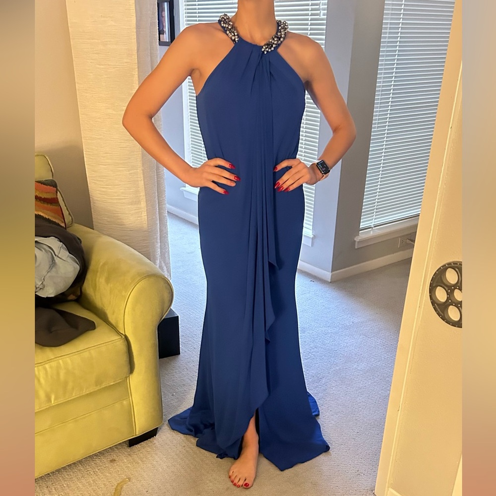 High neck flow blue evening gown